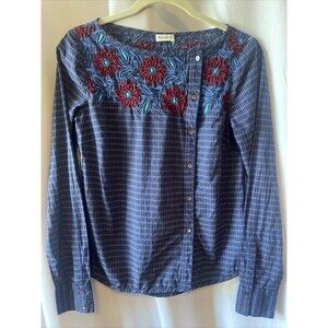 SUNO Embroidery Plaid Long Sleeve Cotton Button Up Top